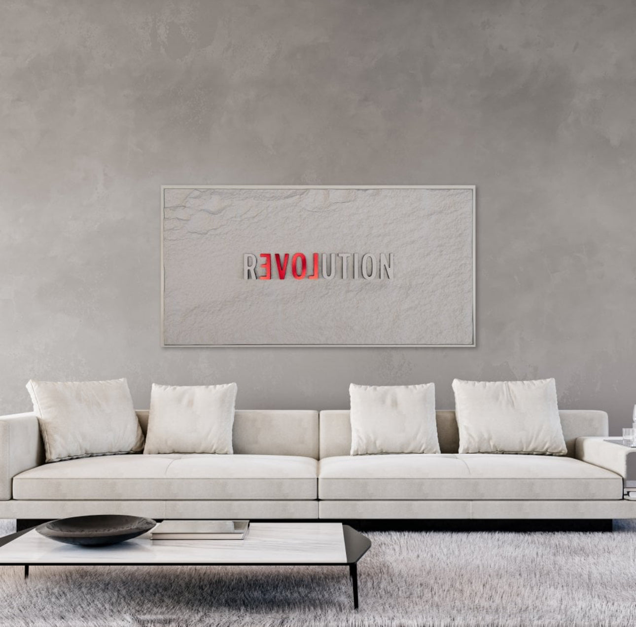 REVOLUTION - WHITE & RED 3D TEXT ON ALABASTER