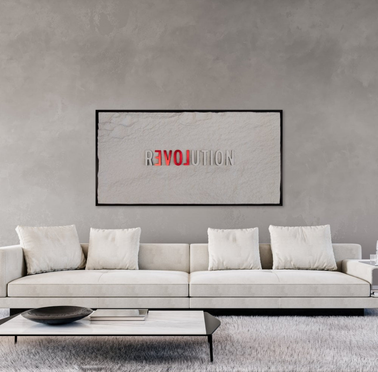 REVOLUTION - WHITE & RED 3D TEXT ON ALABASTER