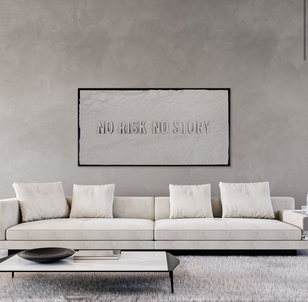 NO RISK NO STORY - WHITE 3D TEXT ON ALABASTER