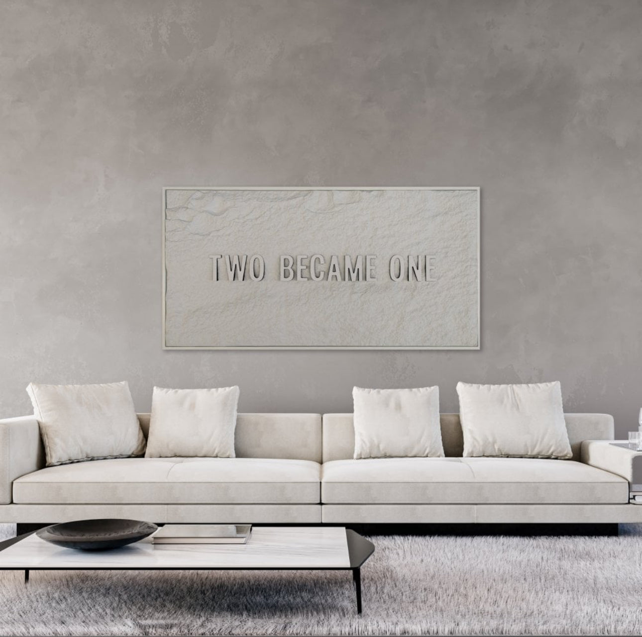 TWO BECAME ONE - WHITE 3D TEXT ON ALABASTER