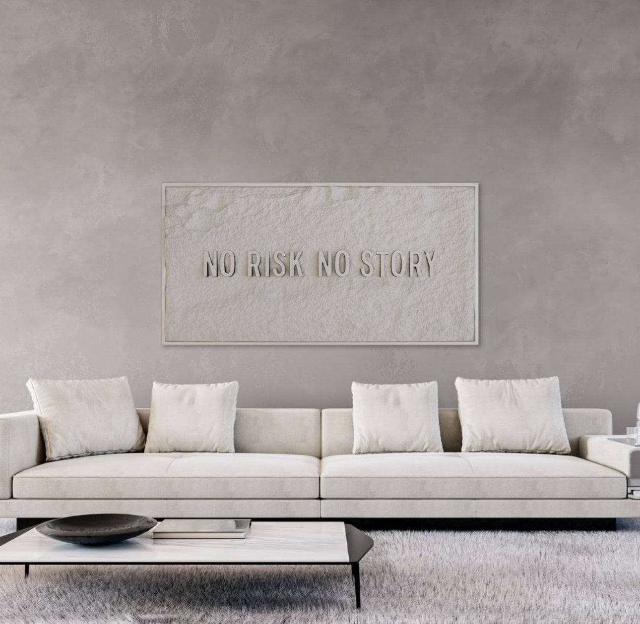 NO RISK NO STORY - WHITE 3D TEXT ON ALABASTER