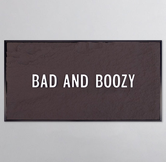 BAD & BOOZY - WHITE 3D TEXT ON ESPRESSO