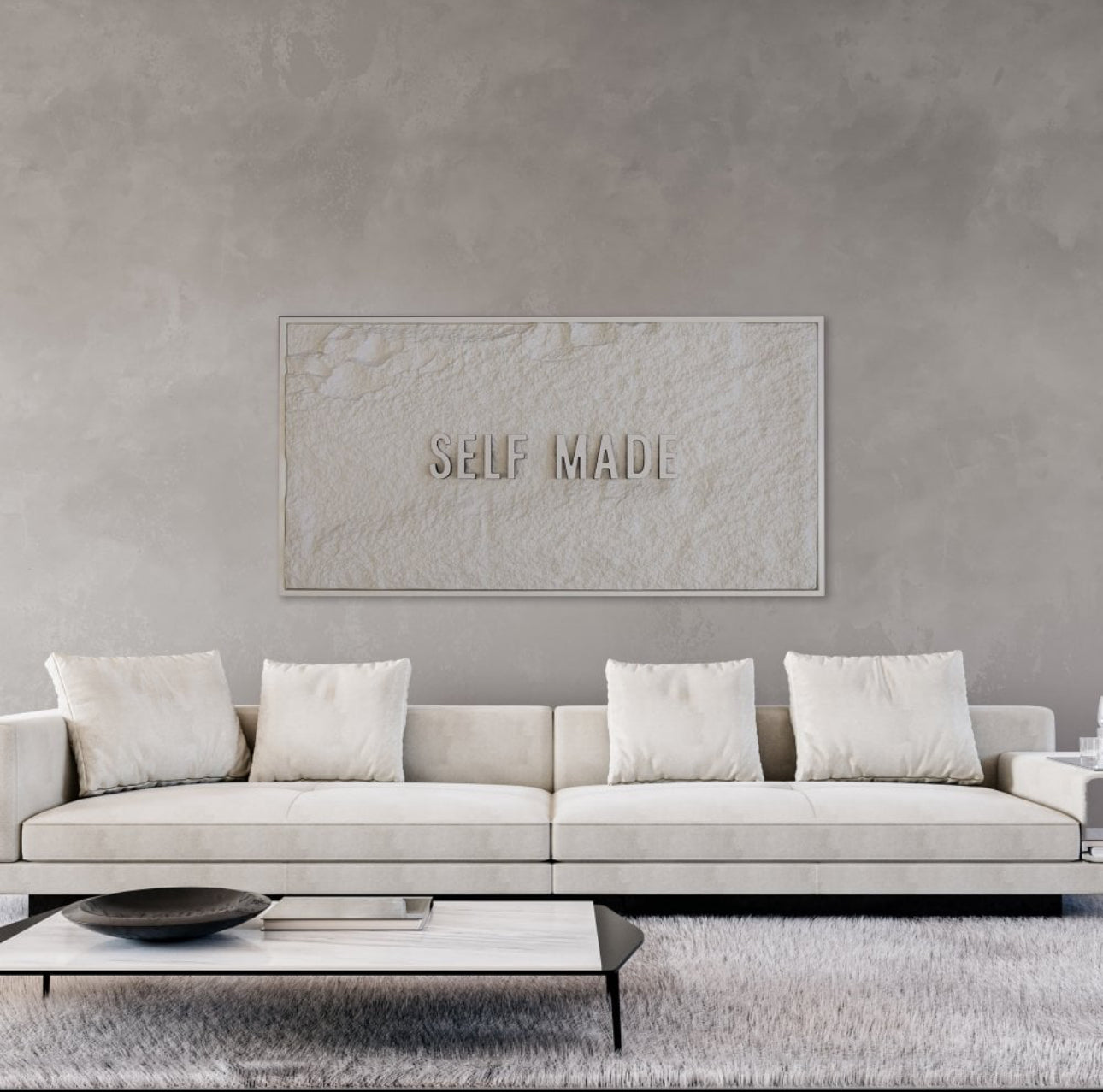 SELF MADE - WHITE 3D TEXT ON ALABASTER