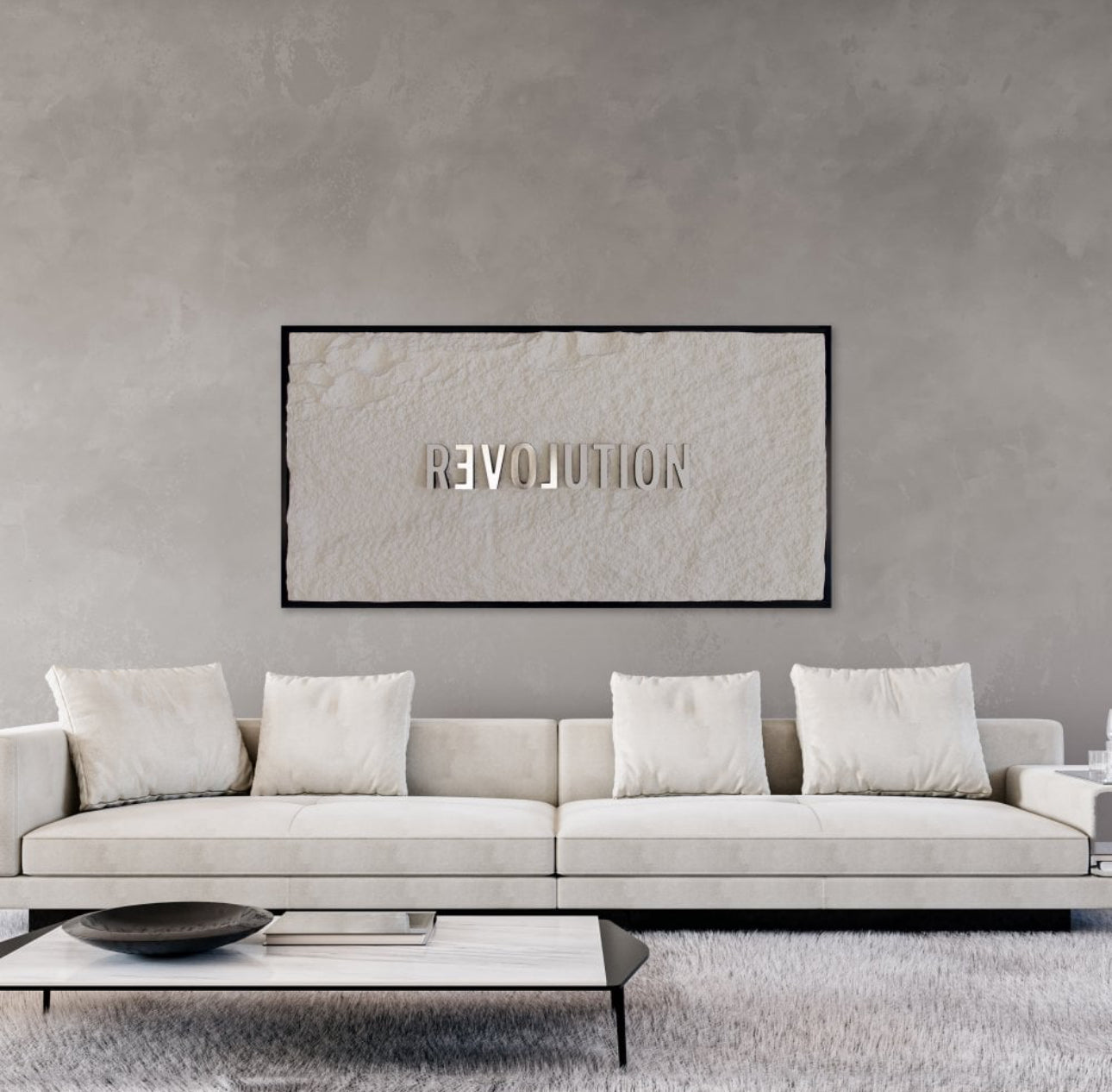 REVOLUTION - WHITE & SILVER 3D TEXT ON ALABASTER